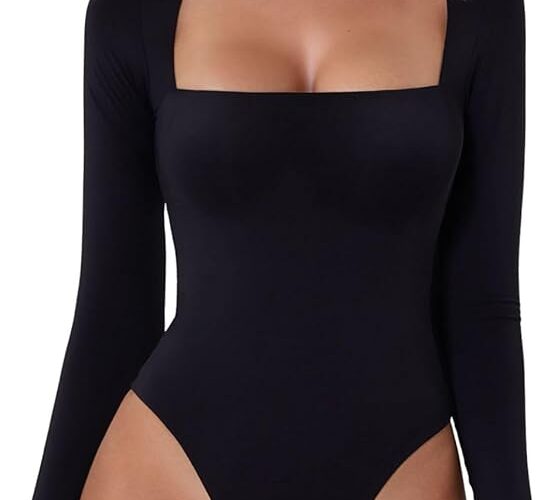 Women’s Sexy Square Neck Bodysuit Long Sleeve Double Lined Shirt Tops